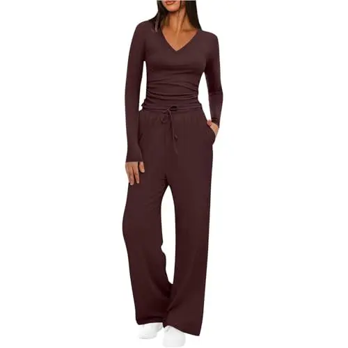 Produktbild: Hausanzug Damen Zweiteiler Lounge Set Mode Kleidung V-Ausschnitt Langarmshirt und Lange Hose Jogginganzug Sport Outfit Hosenanzug Weite Jogginghose Trainingsanzug Loungewear Freizeitanzug Weinrot M