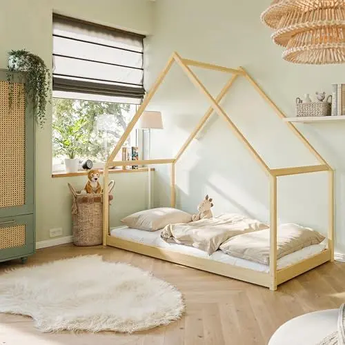 Produktbild: Hausbett Kinderbett 90x200 cm Bett mit Lattenrost Bed Kinder Jugendbett Einzelbett Spielbett Bodenbett Hausbett Himmel optional mit Matratze | Natur Junge Mädchen | von 4. bis 18. Lebensjahr