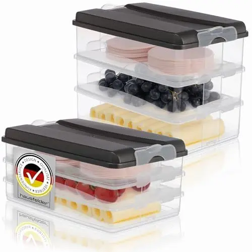Produktbild: Hausfelder Aufschnittdosen für Kühlschrank, Aufschnittbox stapelbar, Kühlschrank Organizer mit Deckel (Anthrazit, 3x2,3L + 3x1,5L)