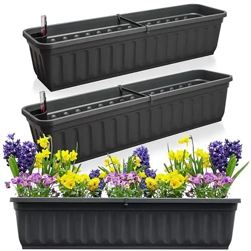 Produktbild: Hausfelder Blumenkasten 3er Set mit Wasserspeicher und Wasserstandsanzeige, Balkonkasten mit Bewässerung für Innen und Außen (Anthrazit-Schwarz, 80cm lang - 3er Set)