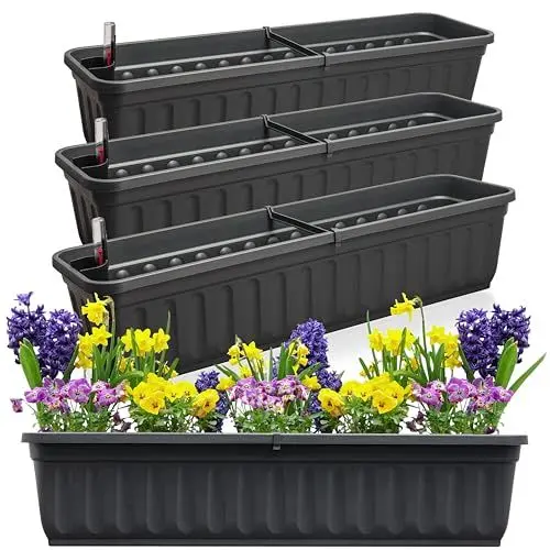 Produktbild: Hausfelder Blumenkasten 4er Set mit Wasserspeicher und Wasserstandsanzeige, Balkonkasten mit Bewässerungssystem Innen und Außen (Anthrazit-Schwarz, 80cm lang - 4er Set)