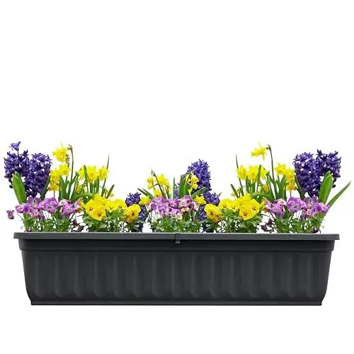 Produktbild: Hausfelder Blumenkasten 80 cm mit Wasserspeicher und Wasserstandsanzeige, Balkonkasten mit Bewässerungssystem für Innen und Außen (Anthrazit-Schwarz, 80cm lang)