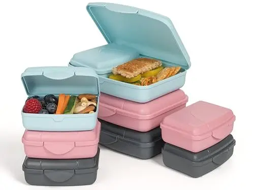 Produktbild: Hausfelder Brotdosen Set flach – Brotdose für Kinder und Erwachsene mit Fächern (RosePink/LimeGreen/SlateGrey, 9er Set)