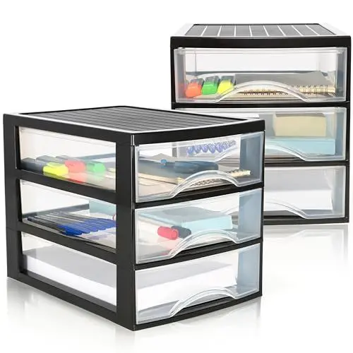 Produktbild: Hausfelder Schubladen Organizer A4, 2 Aufbewahrungsboxen mit je 3 Schubladen, ideal als Ablagebox für den Schreibtisch, für Büromaterial, 2 Container aus Kunststoff, Schwarz Transparent