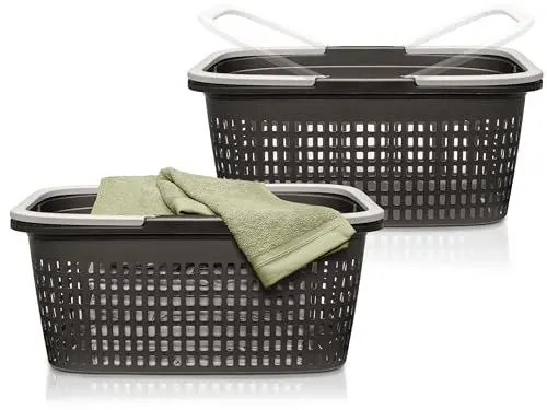 Produktbild: Hausfelder Wäschekorb 58x37x25cm, 2er Set Wäschekörbe, stabil, Wäschewanne groß und breit mit Henkel und Griff 35 l (Anthrazit-Schwarz, 2 Körbe)