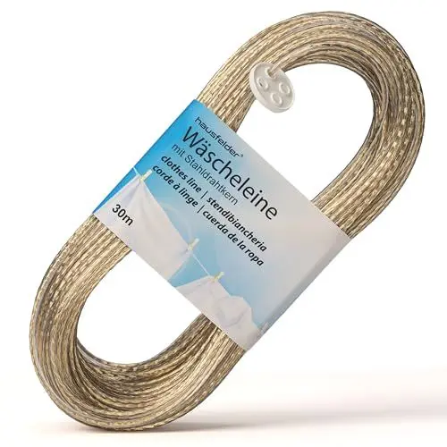 Produktbild: Hausfelder Wäscheleine 30 Meter mit Stahlkern Outdoor- reißfest, stabil für Garten, Balkon, Camping, Keller, Wäscheleine extra stark für draußen und drinnen (30m)