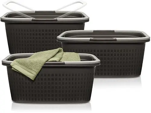 Produktbild: Hausfelder Wäschewanne 58x37x25cm – Wäschewannen 3er Set - Stabil & Wetterfest - Wäschekörbe mit Henkeln & Griffen 35 l (Anthrazit-Schwarz, 3 Wannen)