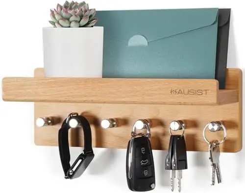 Produktbild: HAUSIST Schlüsselbrett Holz mit Ablage, schlüsselkasten Holz,Schlüsselhalter mit Edelstahlhaken,Schlüsselablage Wand, Schlüsselboard aus Buche,Schlüsselhaken Key Holder Modern