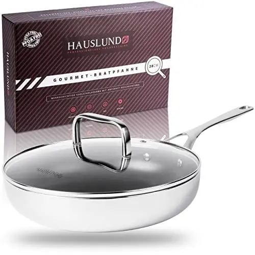 Produktbild: HAUSLUND® Bratpfanne 28 cm antihaftbeschichtet, Schmorpfanne hoher Rand mit Deckel, Tiefe Pfanne backoffenfest, Multischicht-Edelstahlpfanne Induktion geeignet, Frying Pan - Kochen wie ein Profi