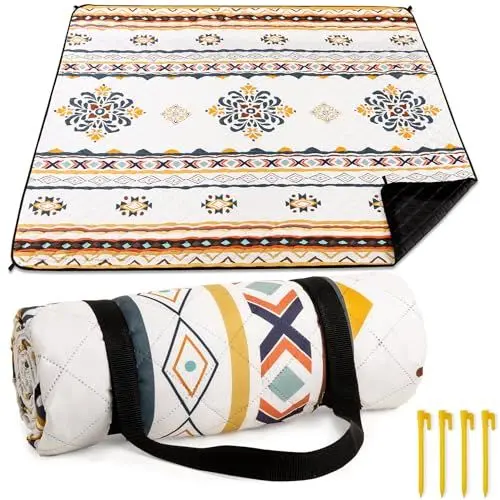Produktbild: HAUSPROFI Picknickdecke Boho, Wasserdicht Waschbar XXL Stranddecke, Strandmatte, Picnic Blanket, Campingdecke mit Erdnägel und Schultergurt für Outdoor, Picknick, Garten, Strand, Camping-200x200cm