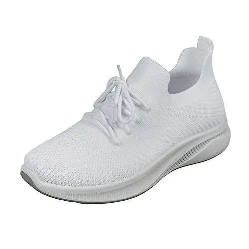 Produktbild: Hausschuhe 36 Hausschuhe Kinder Pantoletten Modische, atmungsaktive Mesh-Strick-Schnürschuhe für Damen mit flachem , lässige Sportschuhe Trekkingschuhe BarfußSchuhe Herren Outdoor (White, 42)