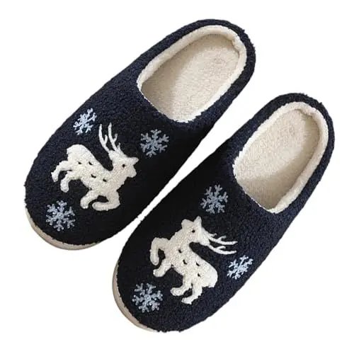 Produktbild: Weihnachten Hausschuhe Damen Baumwolle Warme Herren Kuschelig rutschfeste Plüschhausschuhe Weihnachtshausschuhe Weicher Plüsch Retro Plüschhausschuh Flauschige Warme Slippers