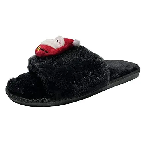 Produktbild: Hausschuhe Feste Sohle Damen Badeschlappen Weihnachtsdekoration Bequeme offene Zehenflache Baumwollhausschuhe Sandalen KorkfußBett Damen Slipper Herren Damen Pantoletten Mit FußBett Clogs (Black, 37)