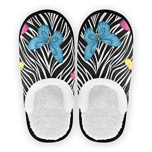 Produktbild: Hausschuhe für Damen, Zebramuster, bunt, Schmetterling, flauschig, gemütlich, Hausschuhe für Damen, Herren, Kinder, warm, bequem, Schlafzimmer, Hausschuhe, mehrfarbig, Large