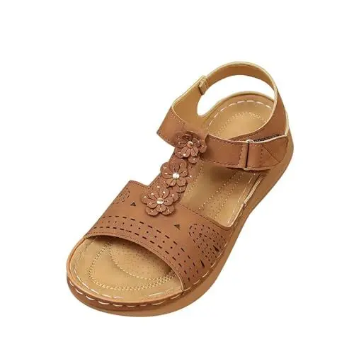 Produktbild: hausschuhe kuh 2024 Fallen Plateau-Sandalen für Damen neue Plus-Size-Strandsandalen mit floralem Keilabsatz Schuhe für das Ferienhaus flache Schuhe für den Urlaub flache I-432 Brown 7.5