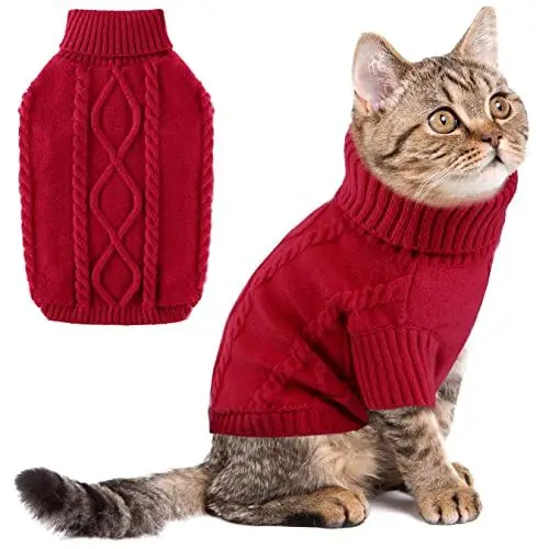 Produktbild: Haustier Katze Hund Pullover, Hundepullover für Kleine Hunde, Winter Warmer Sweater Mantel Welpen Kleidung, Weiche Baumwolle Strickbekleidung Kaltes Wetter, Haustier Kleidung für Chihuahua Red XS