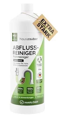 Produktbild: hauszauber® - Abflussreiniger (EXTRA STARK) 1000 ml - Löst Speisereste, Öle, Fette & Haare - Profi Rohrreiniger für Badewanne, Waschbecken, Dusche, Siphon, Bad und Küche - Abflussfrei & Haarweg