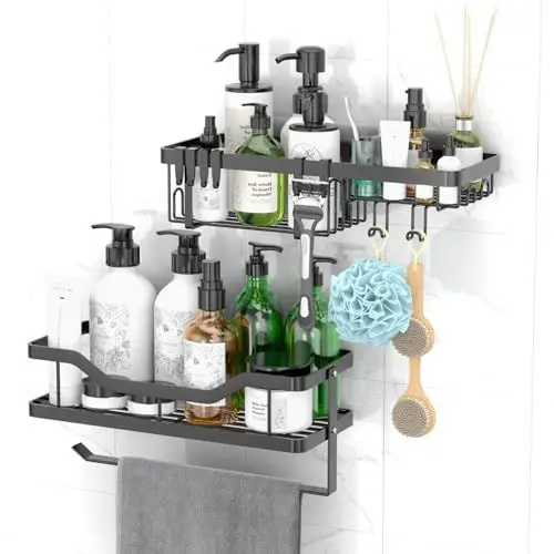 Produktbild: HAUTIK Duschablage ohne Bohren, Rostfrei Schwarz Duschregal, 2 Stück Badezimmer Organizer Mit 6 Haken, Shampoo Halterung für Dusche