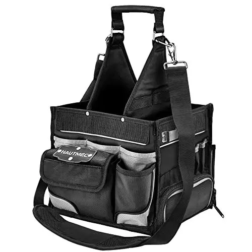 Produktbild: HAUTMEC Werkzeugtasche für Elektriker mit Kleinteilebox, 1680D Hochleistungs Elektriker Werkzeugträger mit abnehmbarem Schultergurt und 37 Taschen, HT0174