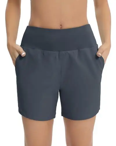 Produktbild: Havideto Badeshorts Damen High Waist Badehose Schnell Trocknende Schwimmhose Damen Kurz Boardshorts UV Schutz Bauchweg Schwimmshorts mit Innenslip und Taschen Grau M