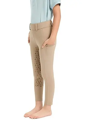 Produktbild: Havideto Reitleggings Mädchen mit Silikon Vollbesatz, Elastische Reithose Kinder Mädchen mit Gürtelschlaufen Seitliche Tasche Khaki XS