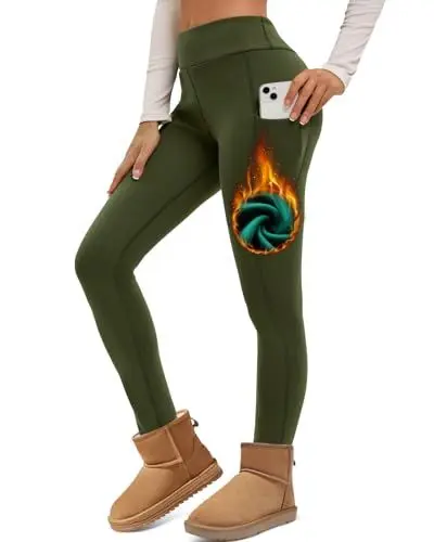 Produktbild: Havideto Thermo Leggings Damen Winter High Waist Fleece Gefüttert Leggins Warme Dicke Plüsch Leggings Stretch Blickdicht mit Taschen Grün L