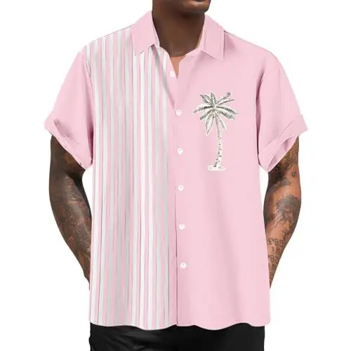 Produktbild: Hawai Hemd Weißes Hemd Herren Kurzarm Bedrucktes Herren Freizeithemd Hawaii Beach Style Kurzarmhemd Rosa L Overshirt Herren Hawaii Shirt Deal