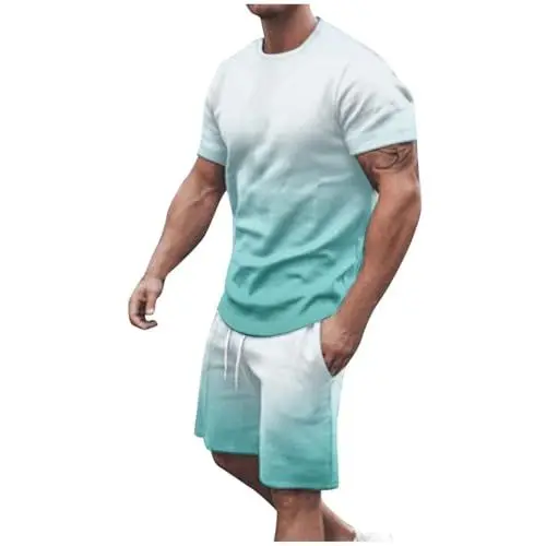Produktbild: Hawaii Hemd Männer Herren Sommer Outfit 2-Teiler Set Casual Sportanzug mit Stretch Jogginghose & Atmungsaktivem T-Shirt Freizeit Tracksuit für Strand und Training Hellblau-e S