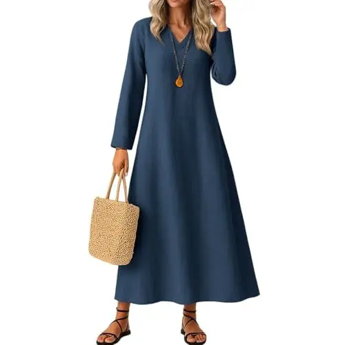 Produktbild: Hawaii Kleid Damen Leinenkleid Damen Frühling und Herbst Lange Ärmel V Ausschnitt Langes Kleid Lässig Locker Baumwolle Leinen Freizeitkleid S-XXL Blau M