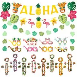 Produktbild: Hawaii Party Dekorationen, 8 Halsketten-Blumen Armband Stirnband, 3 Banner und 8 Brillen Maske, Lustige Aloha hawaii Foto Requisiten Sommer Strand Pool Party