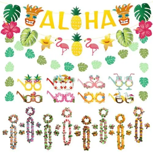 Produktbild: Hawaii Party Dekorationen, 8 Halsketten-Blumen Armband Stirnband, 3 Banner und 8 Brillen Maske, Lustige Aloha hawaii Foto Requisiten Sommer Strand Pool Party