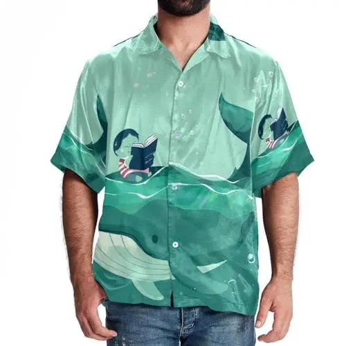 Produktbild: Hawaii-Hemd, kurzärmelige Hemden für Herren, tropische Hemden für Herren, Cartoon-Meerestier-Wal, Schiff, Leuchtturm, Design 2004, L