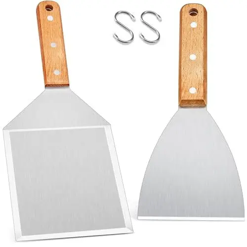 Produktbild: HaWare Grillspachtel, 2 Stück Edelstahl Plancha Spachtel Set mit Holzgriff für Smash Burger, Grillspachtel Grillwender für Gasgrill/Feuerplatte/Teppanyaki, Ideales Grill Zubehör