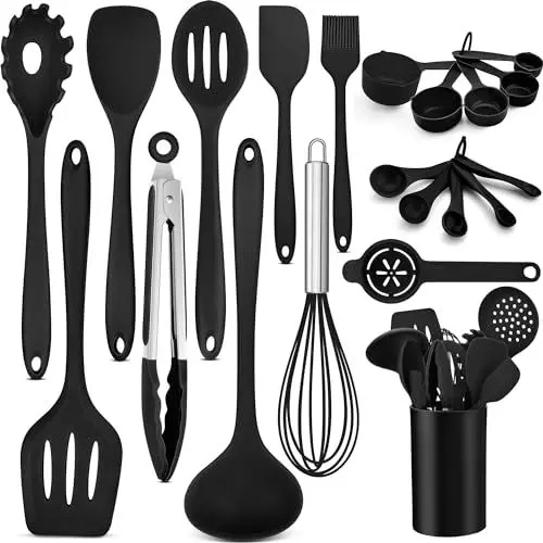 Produktbild: HaWare Küchenhelfer, 21 Stück Silikon Küchenutensilien Kochbesteck Set, Hitzebeständig Kochutensilien Kochgeschirr mit Utensilienhalter, Antihaft Küchenset für Kochen Backen, Spülmashinenfest, Schwarz