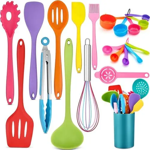 Produktbild: HaWare Küchenhelfer, 21 Stück Silikon Küchenutensilien Kochbesteck Set, Hitzebeständig Kochutensilien Kochgeschirr mit Utensilienhalter, Antihaft Küchenset für Kochen Backen, Spülmashinenfest - Bunt