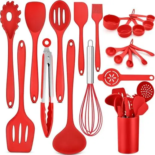 Produktbild: HaWare Küchenhelfer, 21 Stück Silikon Küchenutensilien Kochbesteck Set, Hitzebeständig Kochutensilien Kochgeschirr mit Utensilienhalter, Antihaft Küchenset für Kochen Backen, Spülmashinenfest - Rot