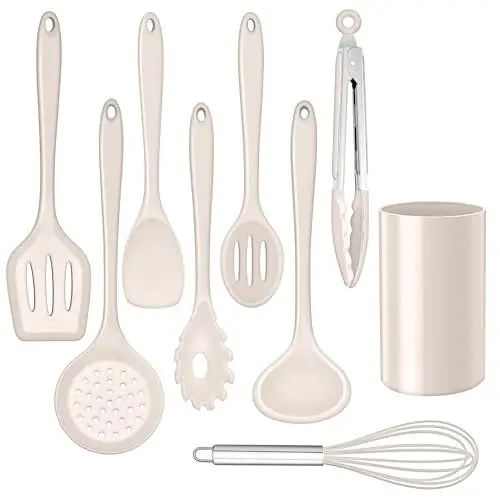 Produktbild: HaWare Küchenhelfer Set, 9-teiliges Silikon Küchenutensilien Kochbesteck Set, Hitzebeständiges Kochutensilien Kochgeschirr, Antihaft Küchenset mit Utensilienhalter, Spülmashinenfest - Khaki