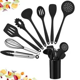 Produktbild: HaWare Küchenhelfer Set, 9-teiliges Silikon Küchenutensilien Kochbesteck Set, Hitzebeständiges Kochutensilien Kochgeschirr, Antihaft Küchenset mit Utensilienhalter, Spülmashinenfest - Schwarz