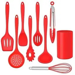Produktbild: HaWare Küchenhelfer Set, 9-teiliges Silikon Küchenutensilien Kochbesteck Set, Hitzebeständiges Kochutensilien Kochgeschirr, Antihaft Küchenset mit Utensilienhalter, Spülmashinenfest - Rot