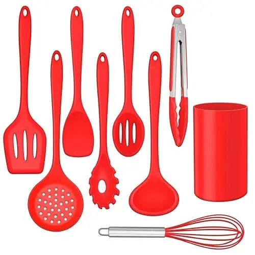 Produktbild: HaWare Küchenhelfer Set, 9-teiliges Silikon Küchenutensilien Kochbesteck Set, Hitzebeständiges Kochutensilien Kochgeschirr, Antihaft Küchenset mit Utensilienhalter, Spülmashinenfest - Rot