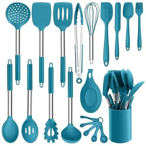 Produktbild: HaWare Küchenutensilien Set, 20 Stück Küchenhelfer Kochbesteck Set, Silikon Kochgeschirr Kochutensilien mit Edelstahlgriff, Hitzebeständiges Küchenset mit Utensilienhalter, Spülmaschinenfest - Blau