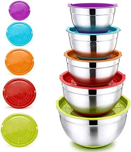 Produktbild: HaWare Rührschüssel 5er-Set, Edelstahl Salatschüssel Schüssel Set mit Luftdichtem Deckel und Rutschfestem Silikonboden, Stapelbar & Vielseitig, Spülmaschinenfest, 6.6 L / 3.5 L / 2.5 L / 1.5 L / 1 L