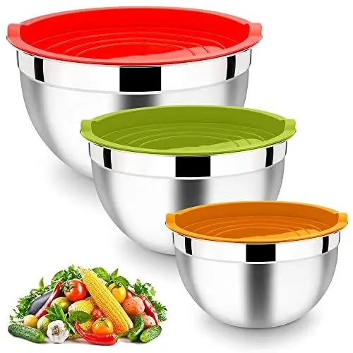Produktbild: HaWare Rührschüssel, Edelstahl Schüssel Salatschüssel 3er Set mit Luftdichtem Deckel, Perfekt für Backen/Kochen/Zubereitung, Stapelbar & Spülmaschinenfest, 4.5L / 2.7L / 1.5L - Bunt