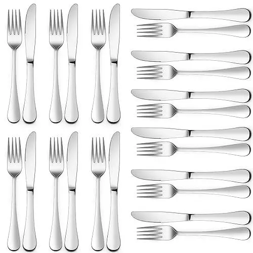 Produktbild: HaWare Steakbesteck Set, 24-teilig Tafelmesser und Tafelgabeln für 12 Personen, Edelstahl Messer und Gabeln Besteck Set, Steakmessr Set für Steak/Pizza, Spülmaschinenfest - Klassischer Griff