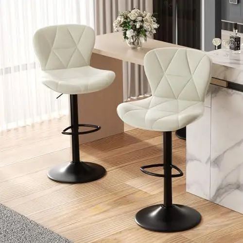 Produktbild: Hawthyhome Barhocker 2er Set |Barstuhl Höhenverstellbar mit Rückenlehne, Höhenverstellbar, 360° Drehbar, Kunstleder, für Esszimmer Heimbar Kücheninsel, 2 x Hocker, Weiß