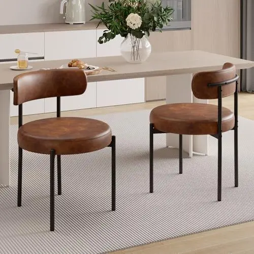 Produktbild: Hawthyhome Esszimmerstühle 2er Set丨PU-Leder Runde Boucle Stühle·Mid-Century gepolsterte Küchenstühle·Dining Chairs mit Metallbeinen·Braun