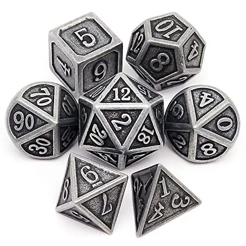 Produktbild: Haxtec Antique Iron Metal DND Dice Set D&D Metall Würfel Polyhedral Dice W/PU Leather Dice Bag for Dungeons and Dragons Gift TTRPG