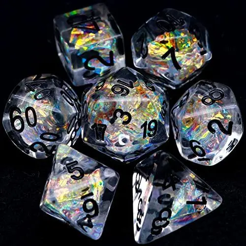 Produktbild: Haxtec Clear DND Dice Set 7PCS Filled Resin Polyhedral D&D Dice W/Iridescent Rainbow Mylar Inclusion for Roleplaying Games Dungeons and Dragons Gift