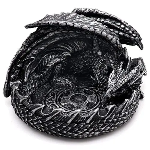 Produktbild: Haxtec Drachenwürfel Gefängniswächter DND Würfel Tray Halter Dungeons und Drachen Zubehör Neuheit DM RPG Geschenk Drachenstatue Dekor (Antik Silber)