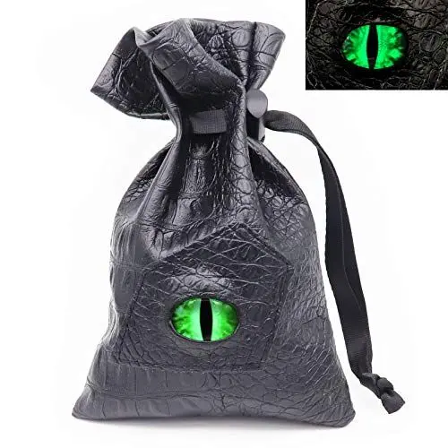 Produktbild: Haxtec Dragon Eye Würfelbeutel Glow in The Dark Green Eye Kordelzug Leder DND Würfeltasche Aufbewahrungstasche für D&D Würfel Münzen und Zubehör (Glühendes grünes Auge)